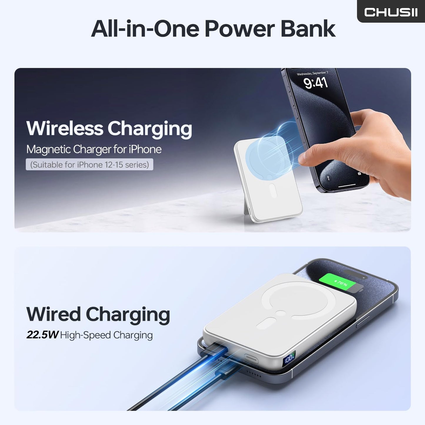 for Magsafe Portable Charger, 12000mAh Wireless Magnetic Power Bank with Stand and PD 20W USB C Fast Charging, for Magsafe Battery Pack Compatible with iPhone 16/15/14/13/12 Pro/Pro Max Series, Snow