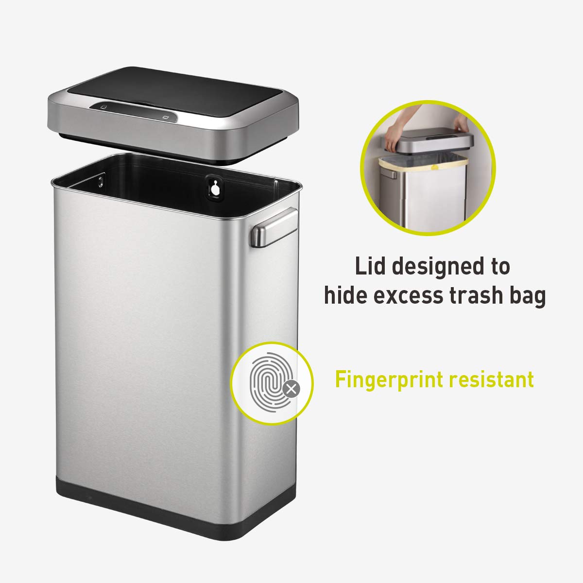 EKO EK9262MT-45L Horizon 45 Liter/11.9 Gallon Rectangular Motion Sensor Trash Can, Brushed Stainless Steel Finish