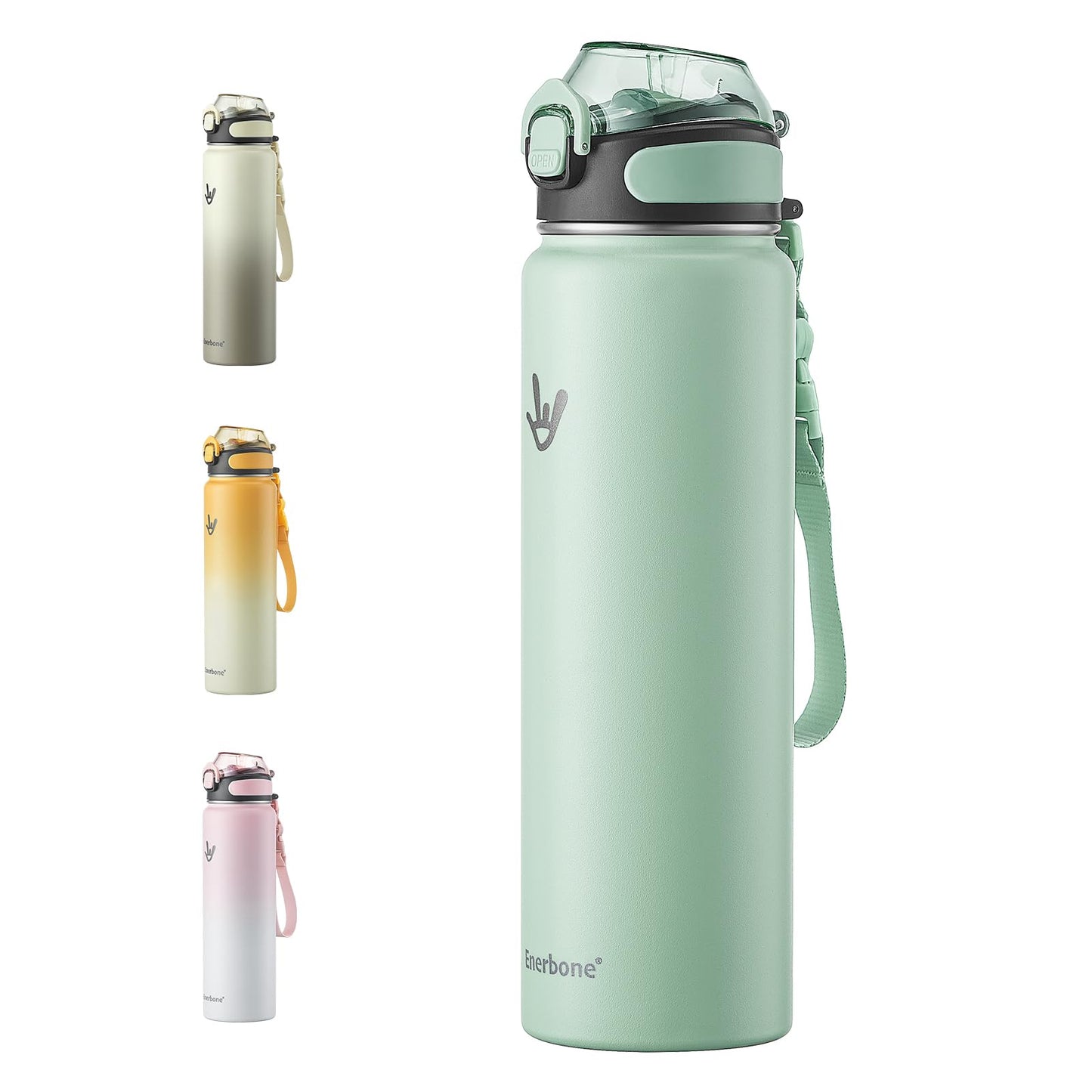 Enerbone 32 oz Insulated Water Bottle, Stainless Steel Bottle with Carrying Strap, Double-Wall Vacuum Insulation Design, Leakproof Sports Bottle with Straw, Keep Drinks Cold or Hot for Hours
