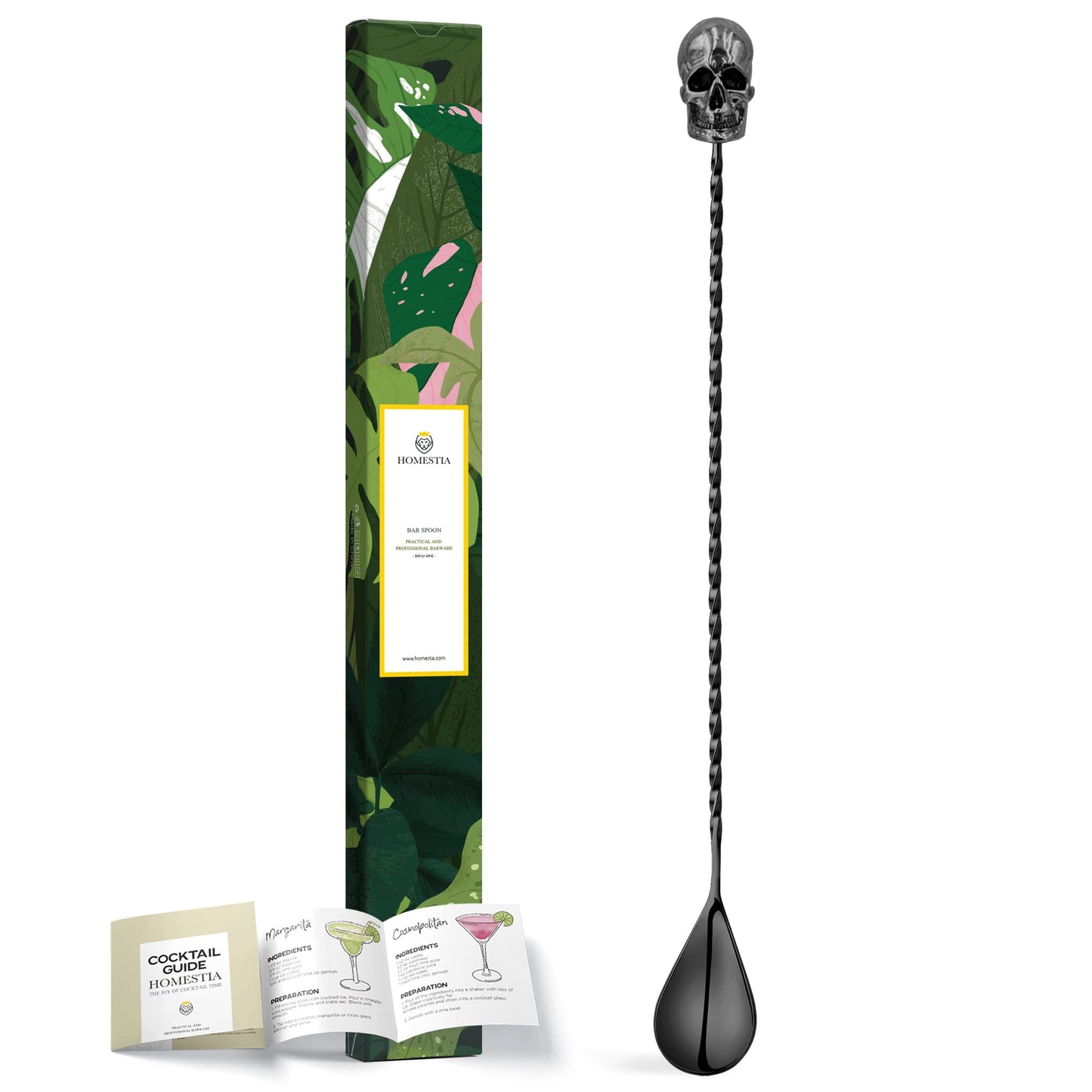 Homestia 12-Inch Skull Bar Spoon, 304 Stainless Steel Cocktail Spoon for Layering Long Spiral Handle Mixing Spoon Stirrers for Drink Black