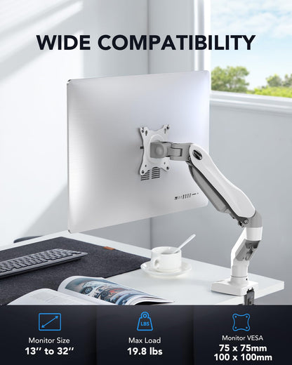 HUANUO Single Monitor Mount, 13 to 32 Inch Gas Spring Monitor Arm, Adjustable Stand, Vesa Mount with Clamp and Grommet Base - Fits 4.4 to 19.8lbs LCD Computer Monitors