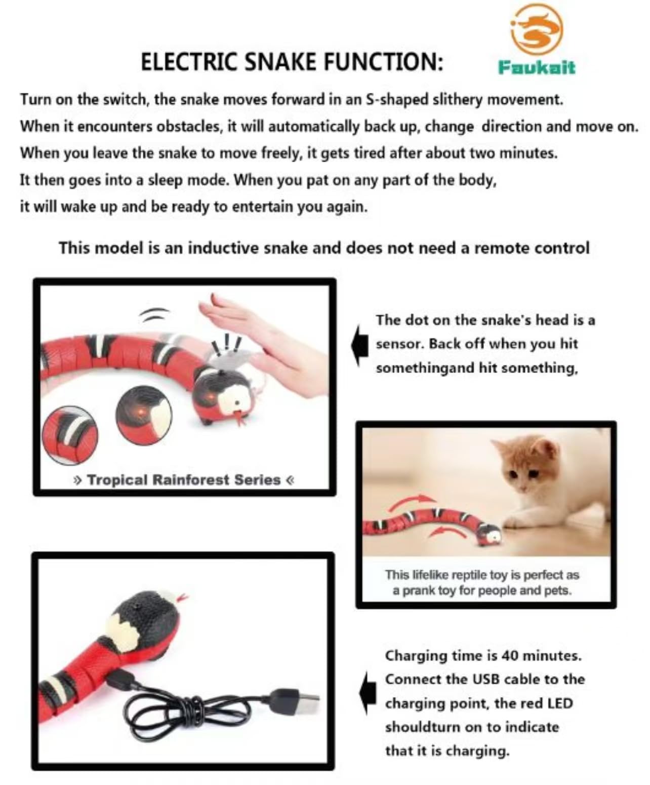 FauKait Smart Sensing Snake Toy,Interactive Toys Snake for Kids, Cats&Dog Kitten Toys USB Rechargeable Electric Simulation Slithering Serpent Realistic Snake Prank Prop for Halloween