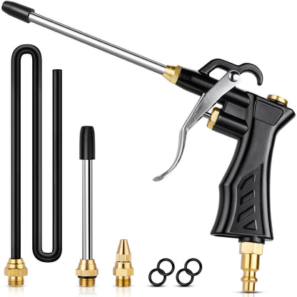 High Volume Air Blow Gun with Brass Adjustable Nozzle, Industrial Blower Gun with 2 Steel Extensions and 13.7 Inch Universal Hose, Pneumatic Air Compressor Accessory Tool