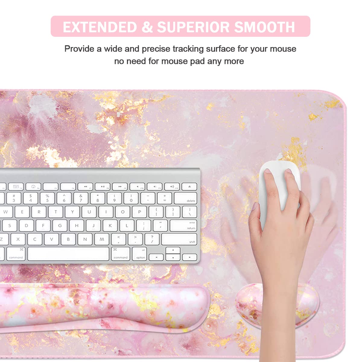 4-in-1 Large Gaming Mouse Pad, Keyboard Wrist Rest Pad & Wrist Support Mousepad Set, Extended Desk Pad Waterproof Desk Mat for Home Office Study Game-Pink Gold Marble