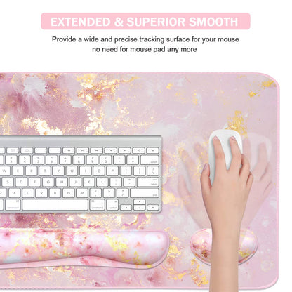 4-in-1 Large Gaming Mouse Pad, Keyboard Wrist Rest Pad & Wrist Support Mousepad Set, Extended Desk Pad Waterproof Desk Mat for Home Office Study Game-Pink Gold Marble