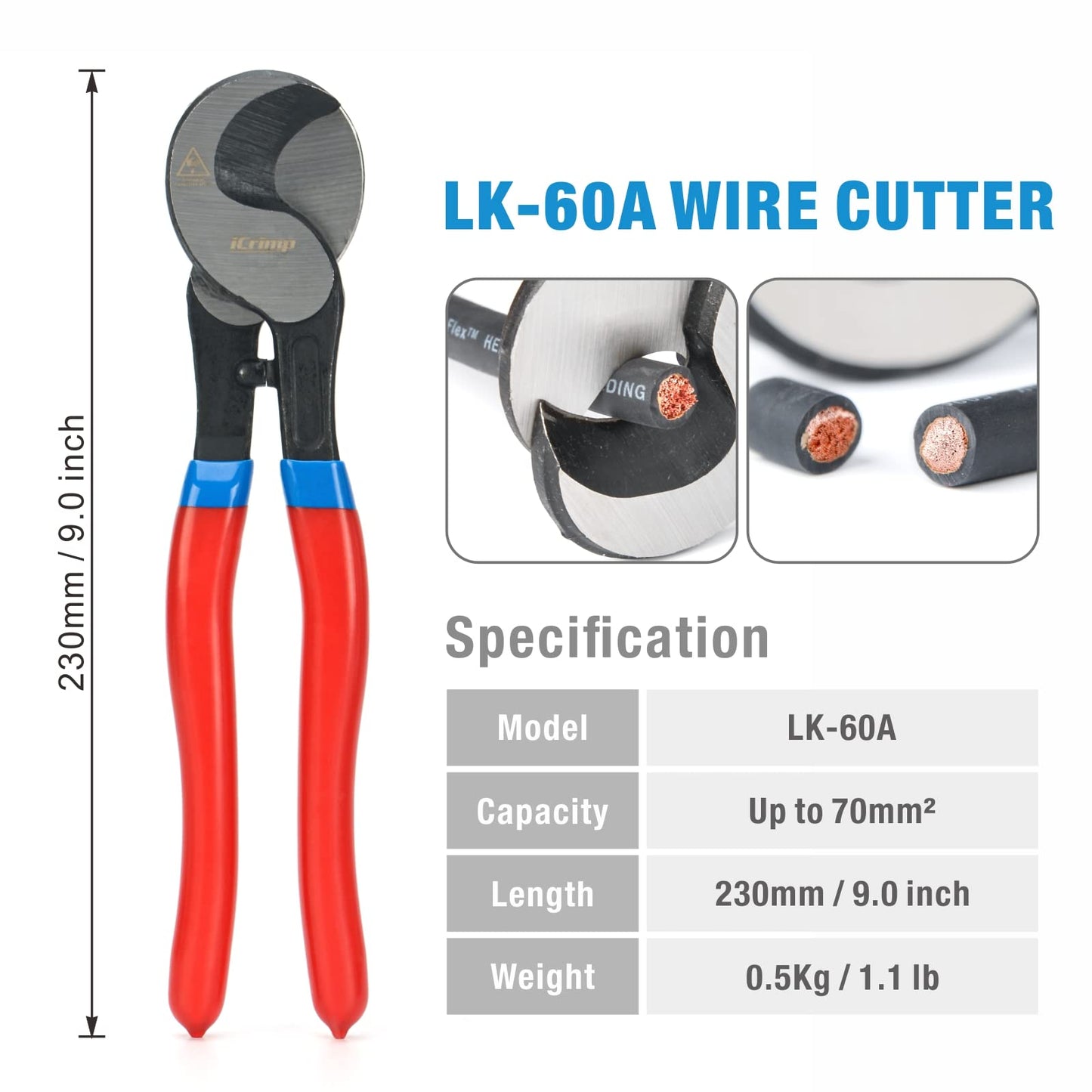 iCrimp Battery Cable Lug Crimping Tool for 8, 6, 4, 2, 1, 1/0 AWG Heavy Duty Wire Lugs, Battery Terminal, Copper Lugs with Wire Shear Cutter