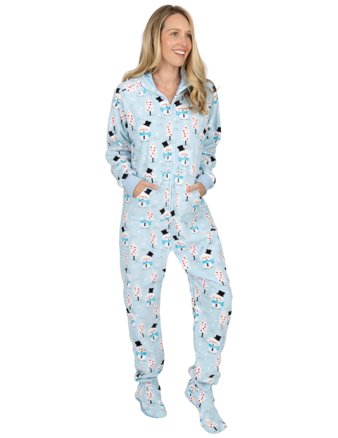Frosty Winter Adult Hoodie Fleece One Piece - Footed Pajamas - Small Plus Size/Wide (Fits 5'3-5'6")