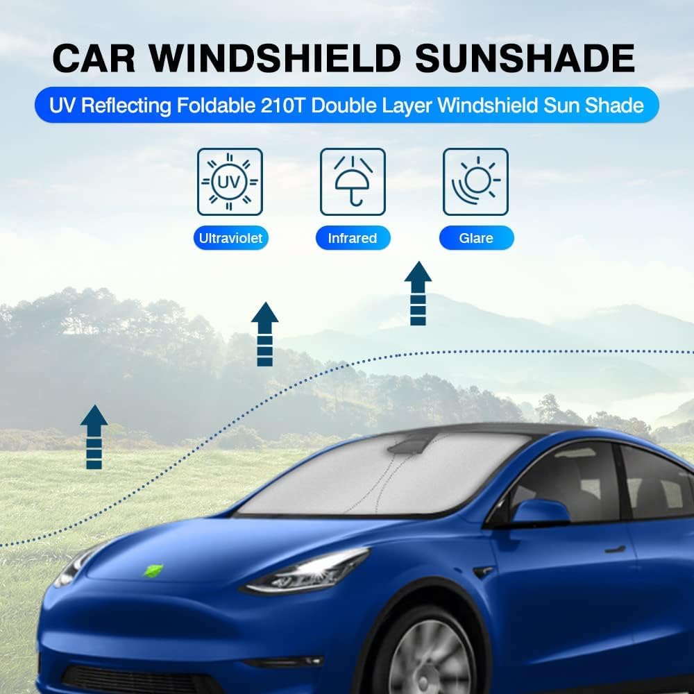 KUST Windshield Sun Shade for 2017-2026 Tesla Model Y/3 (Fit 2025-2026 Model Y Juniper/2024 Model 3 Highland) Upgraded Foldable Sunshade, Window Sun Visor Protector, Blocks UV Rays Keep Your Car Cool