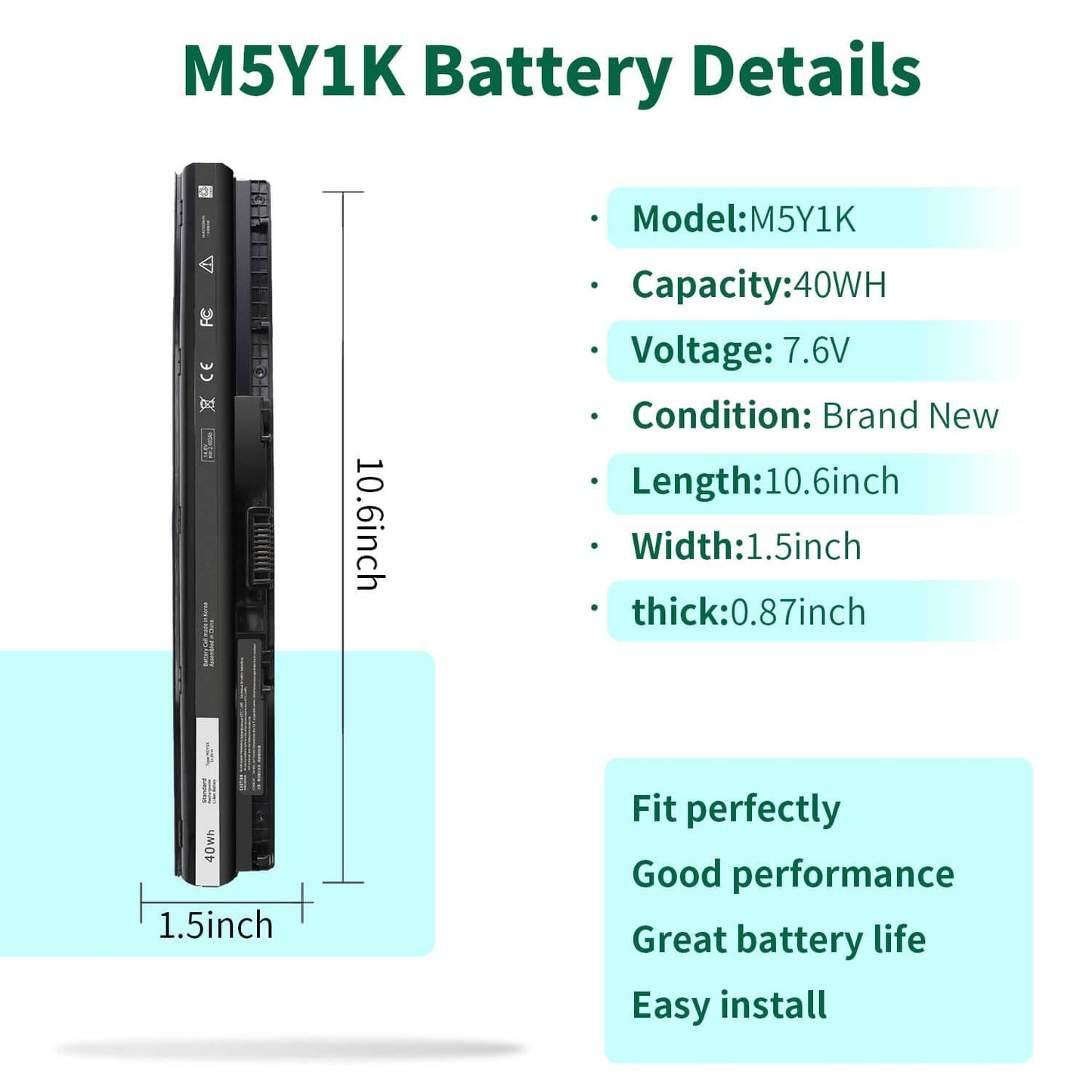 40WH M5Y1K 14.8V Battery for Dell Inspiron 14 15 17 5000 3000 Series 5559 5558 3551 3451 3558 i3558 3567 5755 5756 5458 5759 5758 5759 GXVJ3 453-BBBQ WKRJ2 VN3N0 HD4J0 991XP P63F P47F P51F P52F P64G