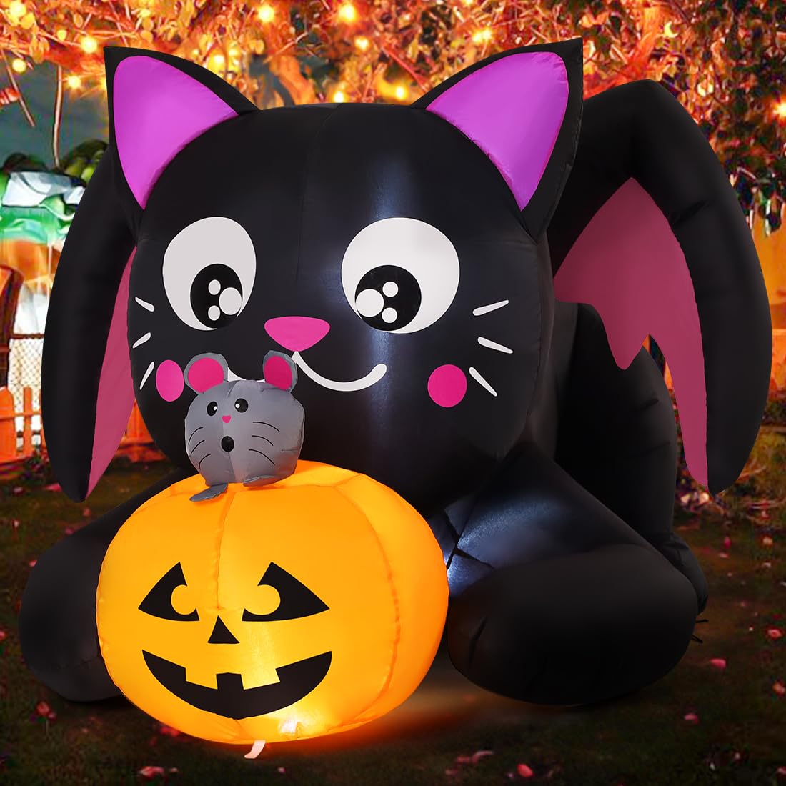 COMIN 5 FT Halloween Inflatables Cat Outdoor Decorations Blow Up Yard Pumpkin with Built-in LEDs for Indoor Party Garden Lawn Decor