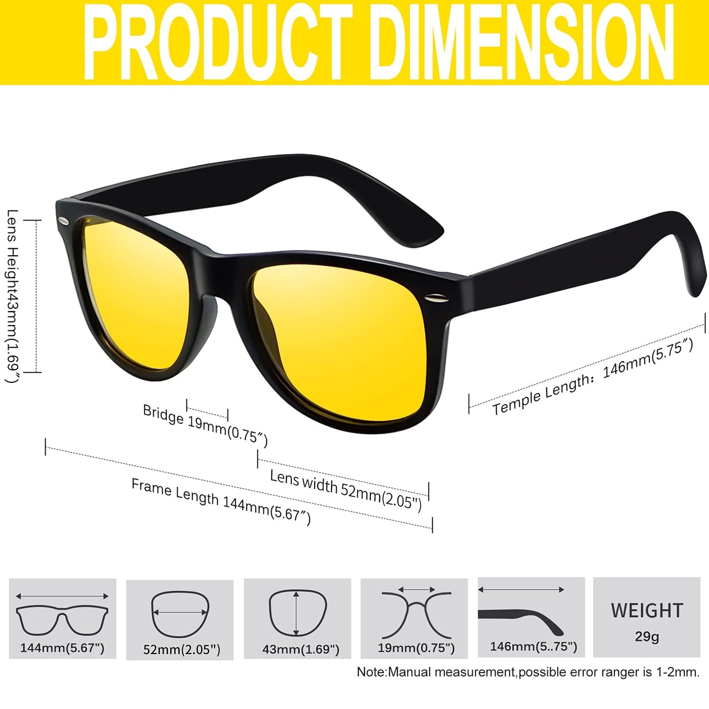 KANASTAL Night Vision Glasses Men Women Fashion Square Nighttime Driving Glass Anti Glare Non-polarized Yellow Lens Classic Trendy Accessories