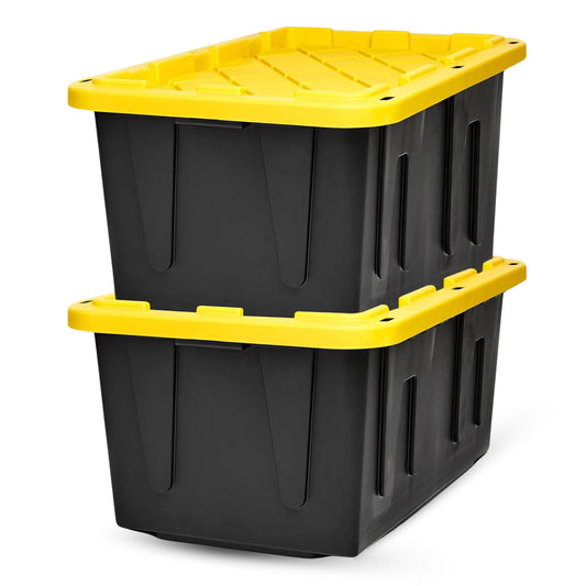 HOMZ 2-Pack Durabilt, Heavy Duty Plastic Storage Bins with Lids, 27 Gallon, Black/Yellow - Stackable Container Boxes for Home, Attic, and Garage Organization