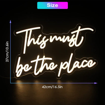 This Must Be The Place Neon Sign Warm White Letter Led Signs for Wall Decor Usb Word Light Up Signs for Bedroom Salon Man Cave Beer Home Bar Wedding Birthday Party Decor Gifts