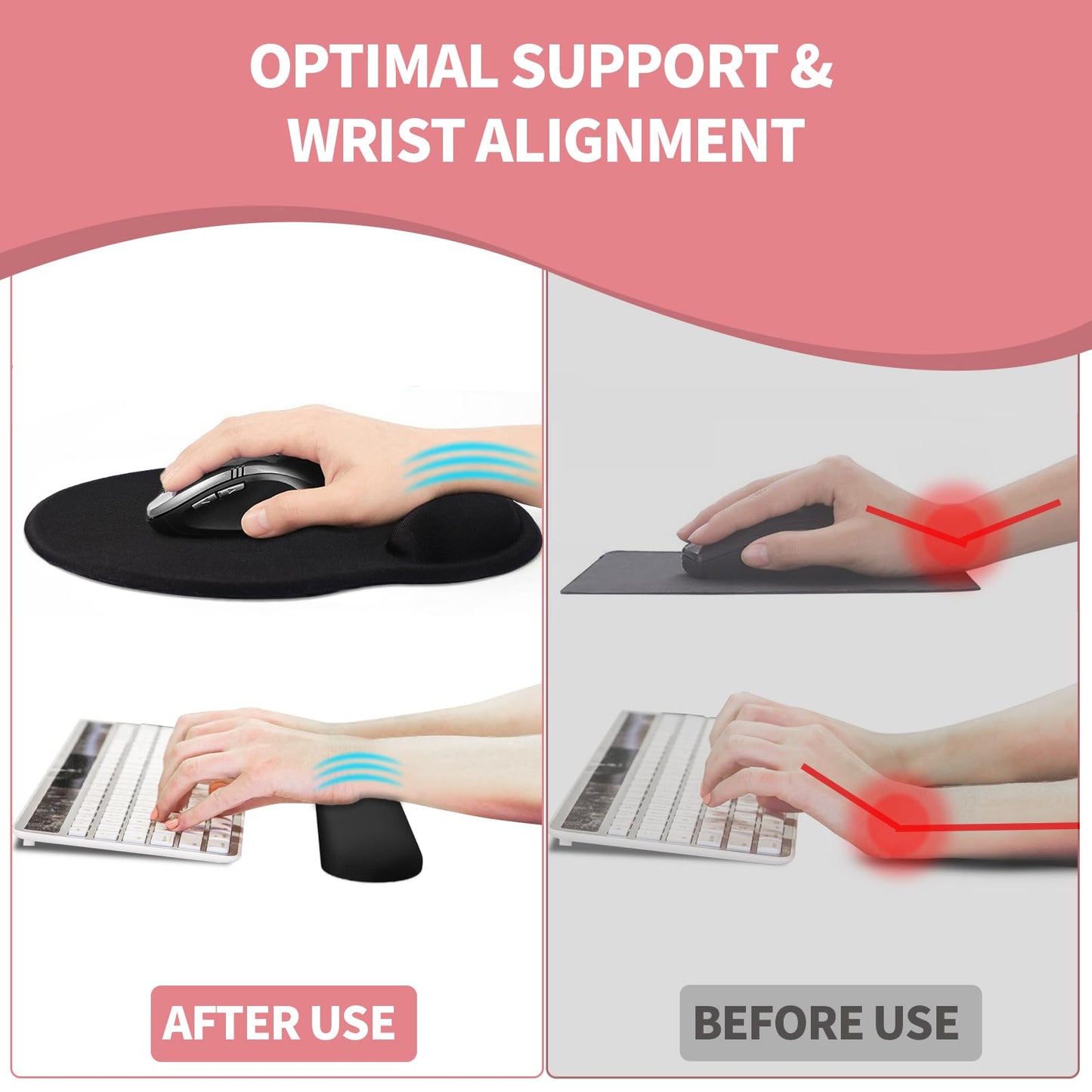 eulps Mouse Pad Wrist Support, Ergonomic Memory Foam Keyboard Wrist Pad & Gel Wrist Rest Set for Computer Keyboard for Easy Typing & Pain Relief for Office & Home (Rose Set)