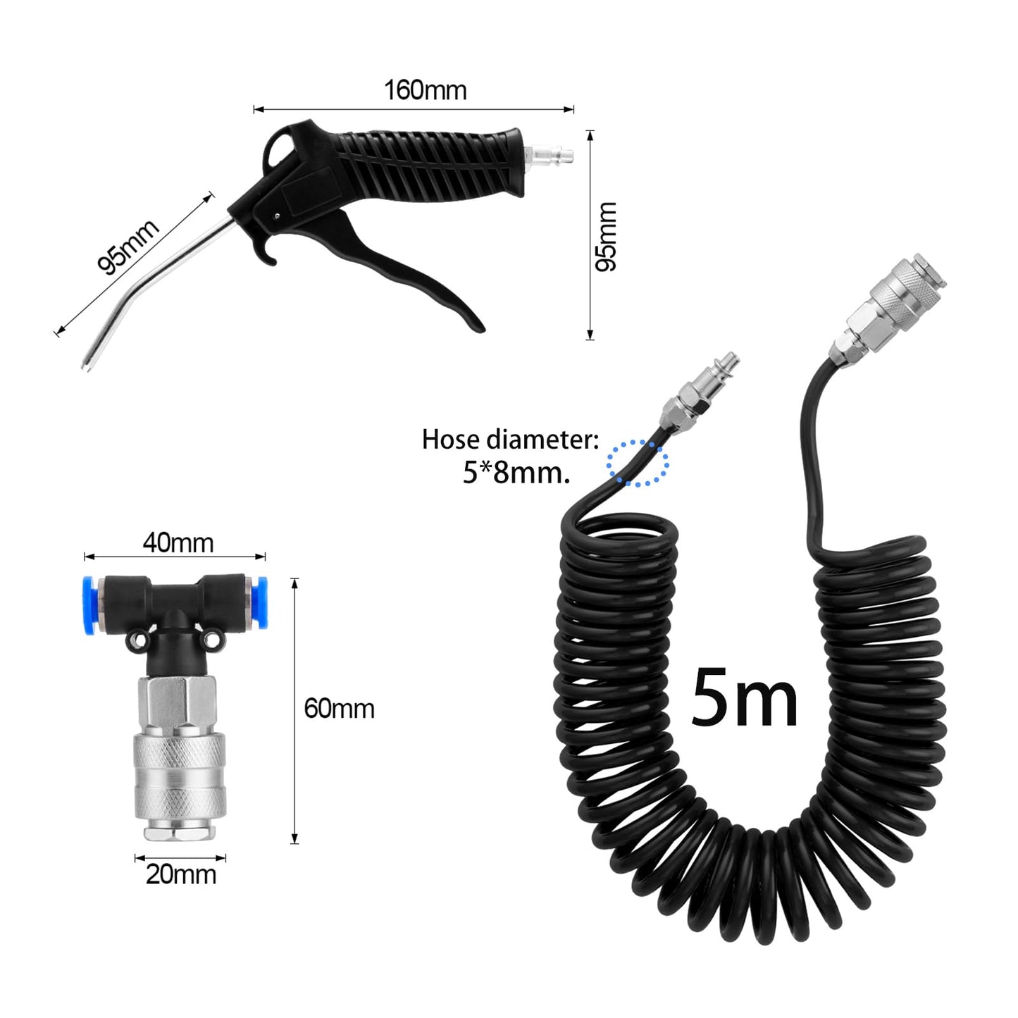 Fippy Truck Air Duster Gun with 5 Metre Recoil Air Hose, Air Seat Blow Dust Gun Heavy Duty Air Gun Cleaning Kit for Truck Semi Trailers