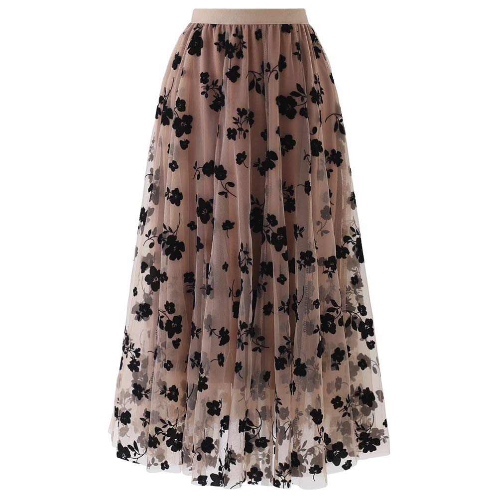 CHICWISH Women's Caramel 3D Posy Double-Layered Mesh Midi Skirt, Size S-M