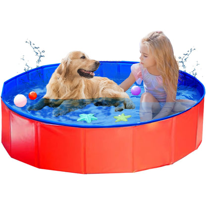ITidyHome Foldable Pet Dog Kids Swimming Pool(40'' x 12''),Plastic Anti-Slip PVC Bathing Tub Swimming Pool Durable Fiberboard Kiddie Pool Red