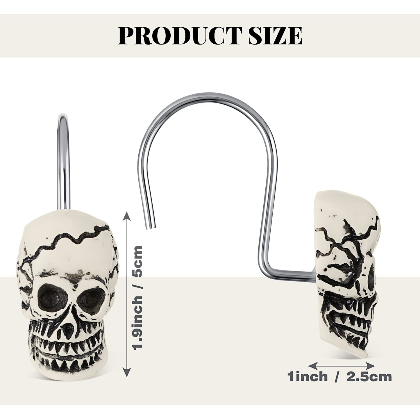 Jetec 12 Pcs Skull Shower Curtain Hooks Halloween Shower Rings Decorative Skeleton Curtain Hook Rings Stainless Steel Bathroom Hooks with Skull Decor for Home Halloween (Spooky Style)
