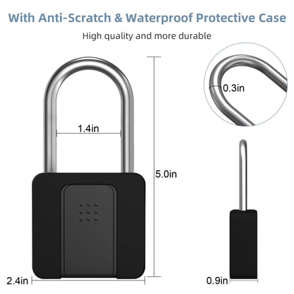 Fingerprint Padlock, Eseesmart Long Shackle Smart Padlock Bluetooth Lock with Mobile APP Outdoor Waterproof Lock with Protective Case for School Gym Locker, Fence, Gate, Toolbox