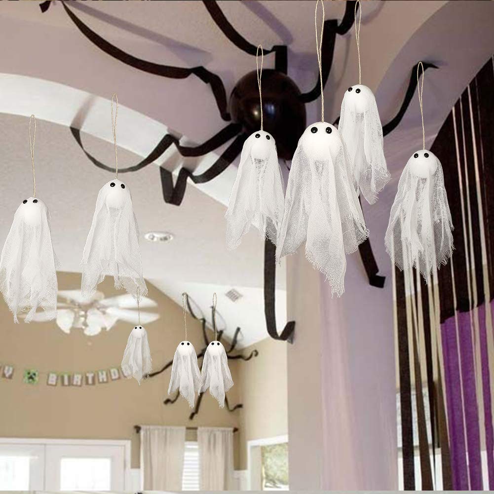 Decor365 Pack of 12 Small Hanging Ghost with White Creep Cloth and Black Eyes for Halloween Party Decoration Home/Yards/Garden/Pub/Classroom/Showcase/Living Room Holiday Party Decor
