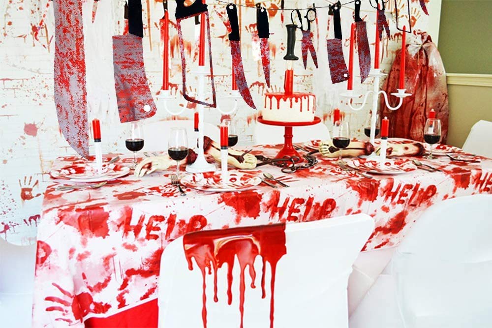 24PCS Halloween Bloody Weapons Garland, Scary Props Banner Garland Hanging Decor Horror Tools for Yard Indoor Outdoor Haunted House Vampire Zombie Party Supplies