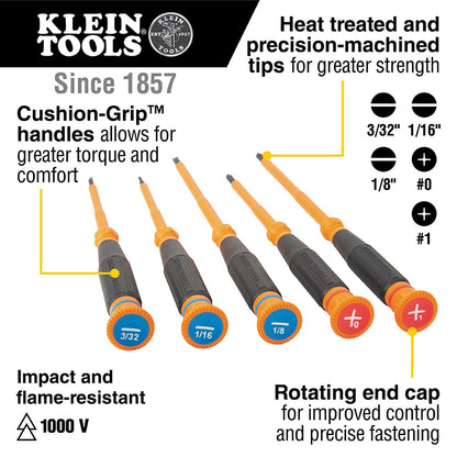 Klein Tools 85615INS Mini Precision Screwdriver Set, 1000V Rated Insulated Screwdrivers with (2) Phillips and (3) Slotted Tips, 5-Piece