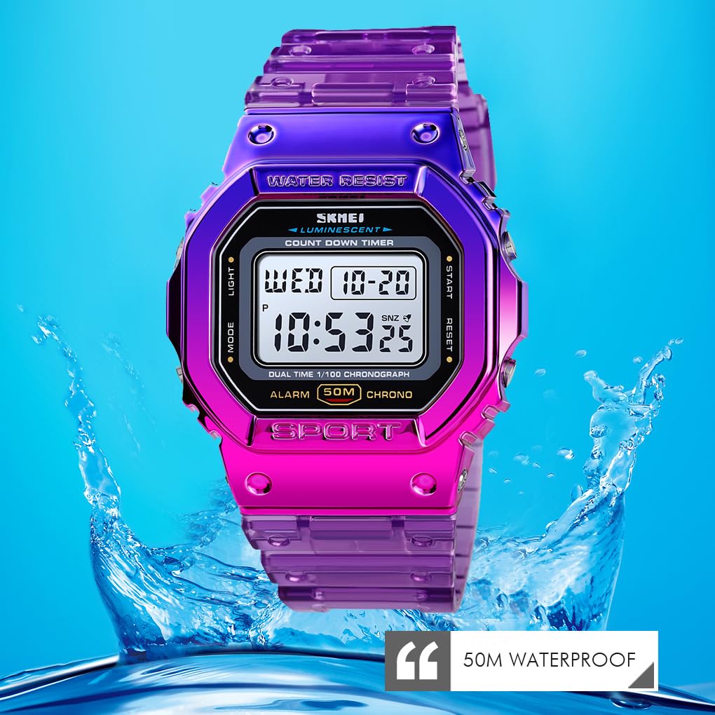 FANMIS Mens Military Multifunction Digital Watches 50M Water Resistant Electronic 7 Color LED Backlight Black Sports Watch (Y Purple)