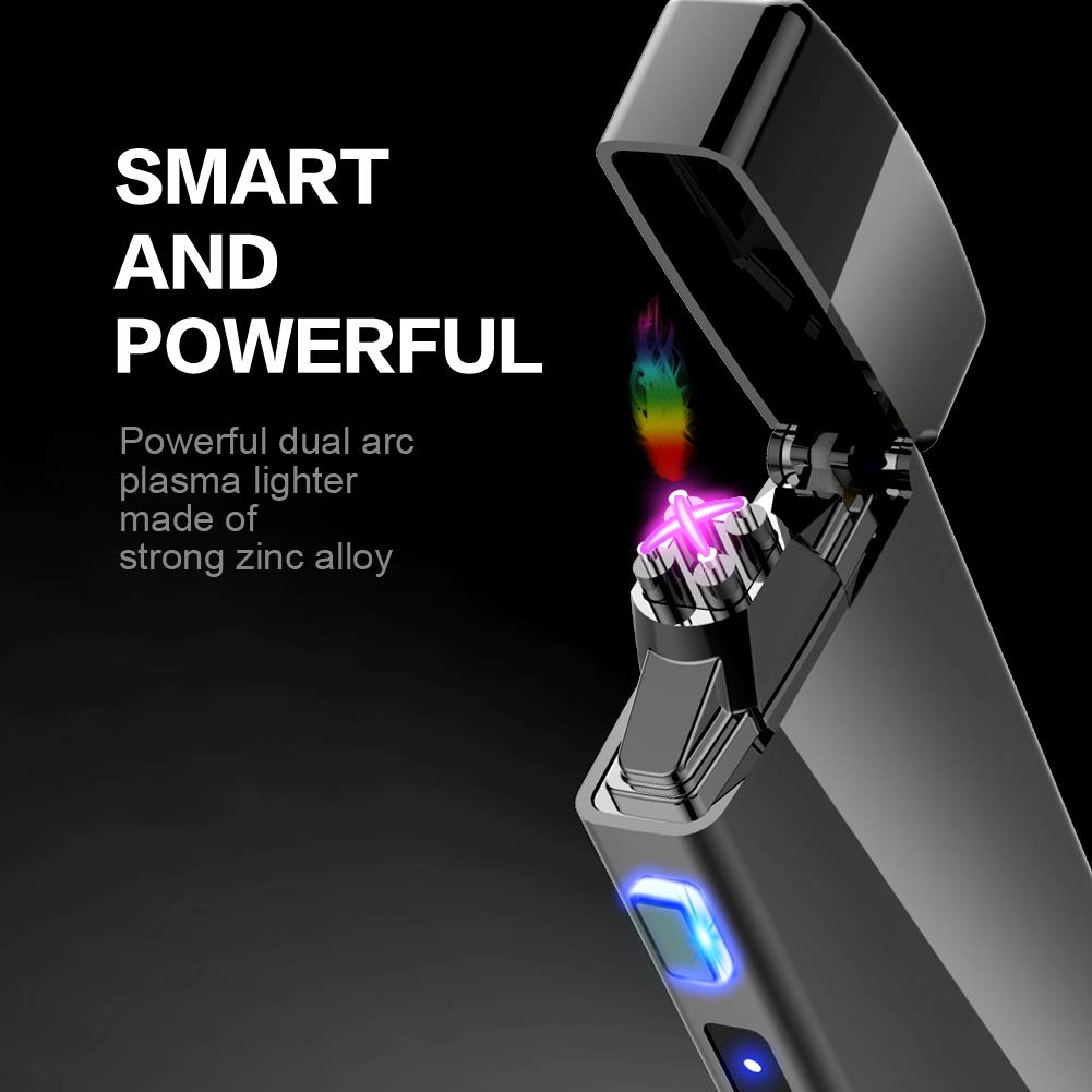 Dual Arc Plasma Lighter with LED Battery Indicator and Box, Rechargeable Windproof Flameless Electric Lighters for Fire Outdoors Camping Hiking Friends