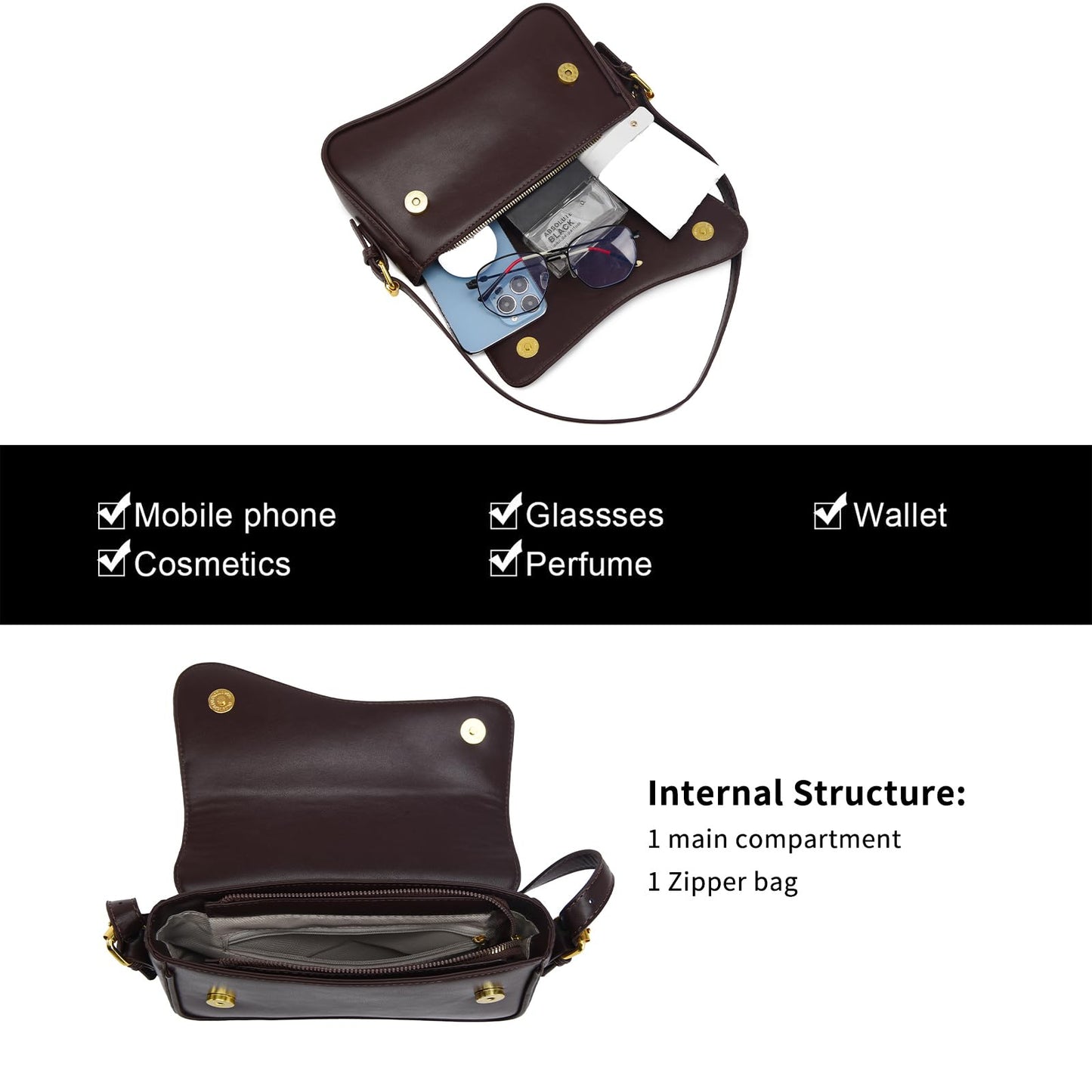 Shoulder Bag for women Clutch Purse Handbag PU Leather Tote Bag with 2 Removable Straps and Zipper Closure Crossbody Bags (A-Coffee Color)