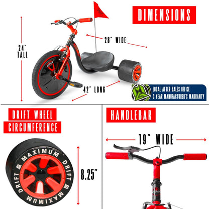 Drift Trike for Kids Ages 5+ – 16" Front Wheel Ride-On with Adjustable Seat, Steel Frame, Rear Slick Drift Wheels & Safety Flag – Madd Gear - (Black Red)