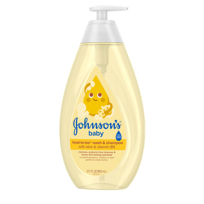 Johnson's Baby Head-To-Toe Baby Wash & Shampoo + Aloe & Vitamin B5, 2-in-1 Bath Wash Gently Cleanses Newborn's Delicate Skin & Hair, Hypoallergenic, No Added Parabens, Dyes & Sulfates, 27.1 fl. oz