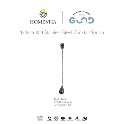 Homestia 12-Inch Skull Bar Spoon, 304 Stainless Steel Cocktail Spoon for Layering Long Spiral Handle Mixing Spoon Stirrers for Drink Black
