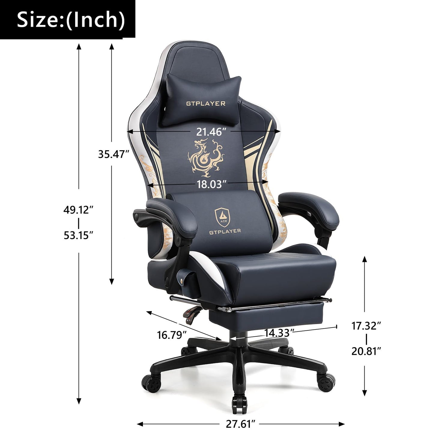 GTPLAYER Gaming Chair with Bluetooth Speakers and Footrest, Dragon Series Video Game Chair, Heavy Duty, Ergonomic, Esports Computer Office Chair,(BLUEGRAY)
