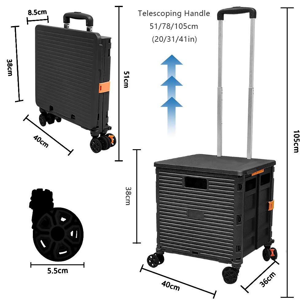 FELICON SELORSS Foldable Utility Cart Folding Portable Rolling Crate Handcart with Durable Heavy Duty Plastic Telescoping Handle Collapsible 4 Rotate Wheels for Travel Shop Move Luggage Office(Black)