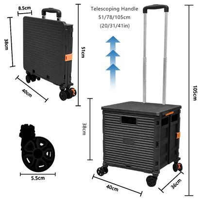FELICON SELORSS Foldable Utility Cart Folding Portable Rolling Crate Handcart with Durable Heavy Duty Plastic Telescoping Handle Collapsible 4 Rotate Wheels for Travel Shop Move Luggage Office(Black)
