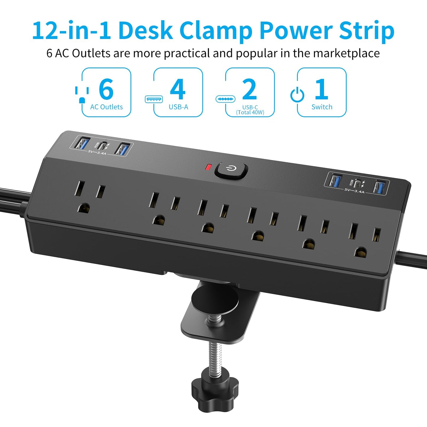 Desk Clamp Power Strip with 40W Fast Charging Station, JXGUCAT Removable Desk Clamp Mount Power Strip Surge Protector, 2 USB-C Ports, 6 AC Outlets and 10ft Cord, Fits 1.8" Tabletop Edge