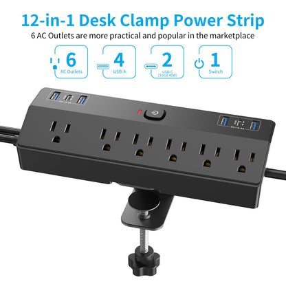 Desk Clamp Power Strip with 40W Fast Charging Station, JXGUCAT Removable Desk Clamp Mount Power Strip Surge Protector, 2 USB-C Ports, 6 AC Outlets and 10ft Cord, Fits 1.8" Tabletop Edge