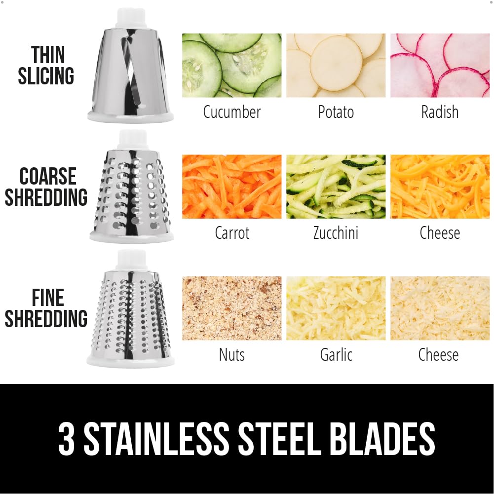 GORILLA GRIP Slip-Resistant Rotary Cheese Grater with 3 Interchangeable Blades to Shred Slice and Grate, Hand Crank Vegetable Chopper Mandolin, Slicer for Veggie Onion, Home and Kitchen Gadgets, White