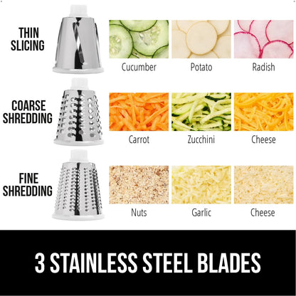 GORILLA GRIP Slip-Resistant Rotary Cheese Grater with 3 Interchangeable Blades to Shred Slice and Grate, Hand Crank Vegetable Chopper Mandolin, Slicer for Veggie Onion, Home and Kitchen Gadgets, White