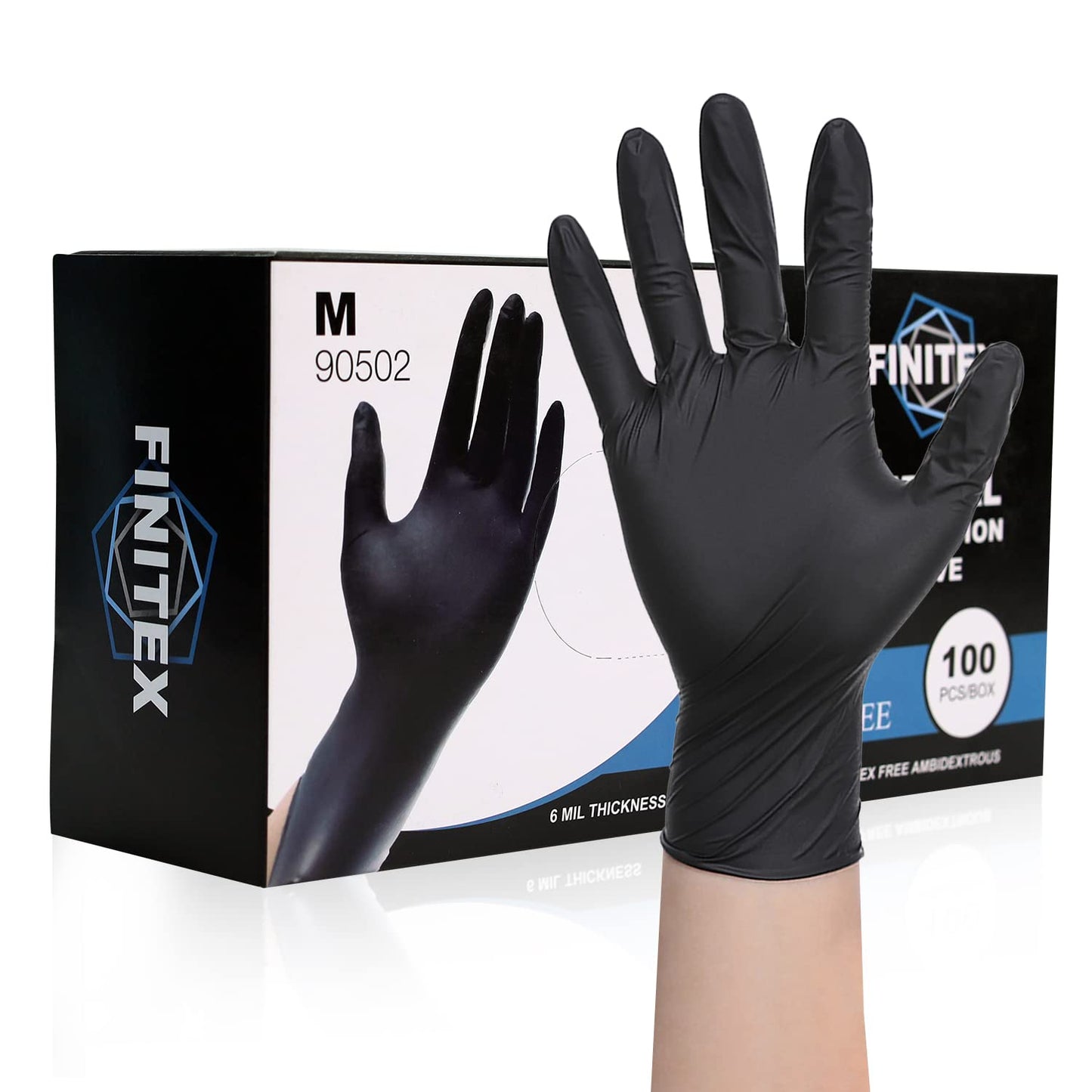 FINITEX Black Nitrile Disposable Medical Exam Gloves - Box of 100 PCS 6mil Powder-Free Latex-Free For Examination Home Cleaning Food Glove (Medium)