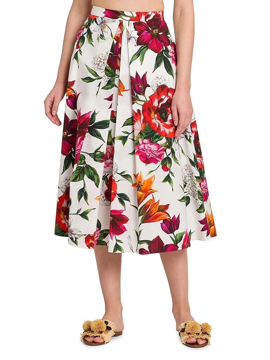 Dolce&Gabbana, Rafia Fiori Floral Pleated Cotton Poplin Midi-Skirt, 36 (0), White Print Flower