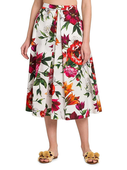 Dolce&Gabbana, Rafia Fiori Floral Pleated Cotton Poplin Midi-Skirt, 36 (0), White Print Flower
