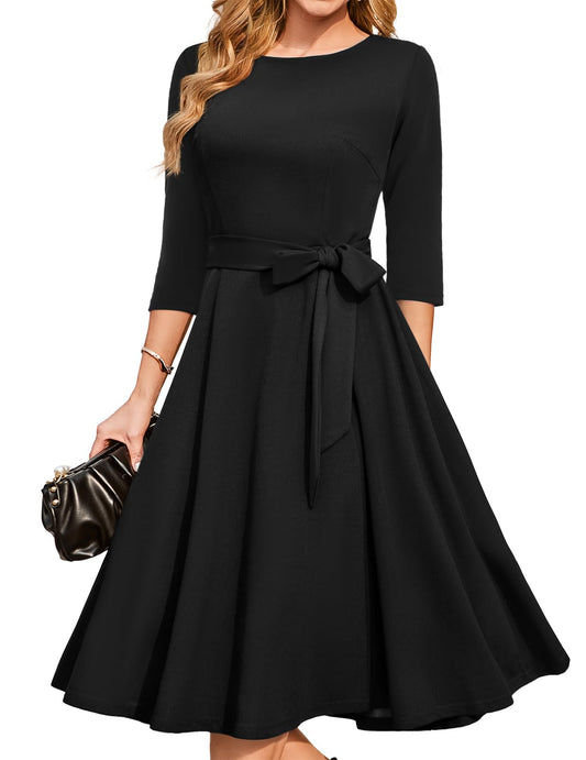DRESSTELLS Vintage Tea Dress for Women, 1950s Cocktail Party Dresses, Modest Bridesmaid Dress for Wedding Guest, 3/4 Sleeve Formal Aline Church Dress, Fit Flare Prom Dress Black L