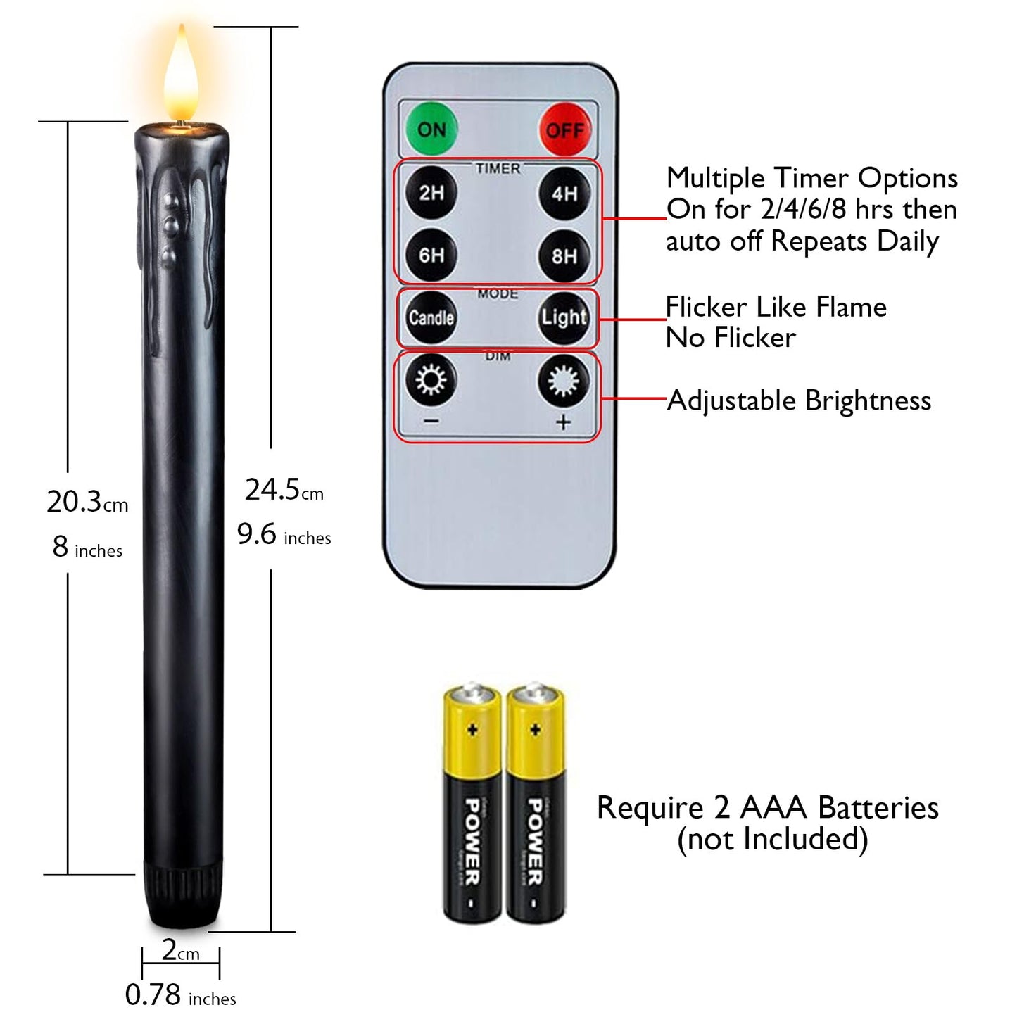 Homemory Black Flameless Taper Candles with Remote and Timer, Real Wax LED Taper Candles Battery Operated, Flickering Candle Sticks for Party Halloween Indoor Decoration, 6 Pcs, 9.6 inches