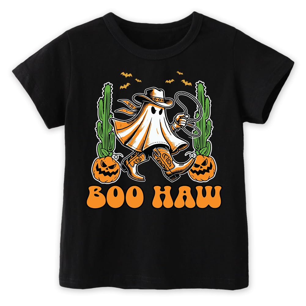Kids Toddler Little Boys Halloween T-Shirt Western Cowboy Boo Haw Ghost Short Sleeve Top(Black Boo Haw,2-3T)