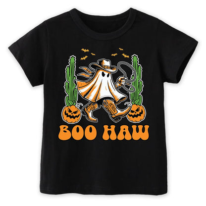 Kids Toddler Little Boys Halloween T-Shirt Western Cowboy Boo Haw Ghost Short Sleeve Top(Black Boo Haw,2-3T)