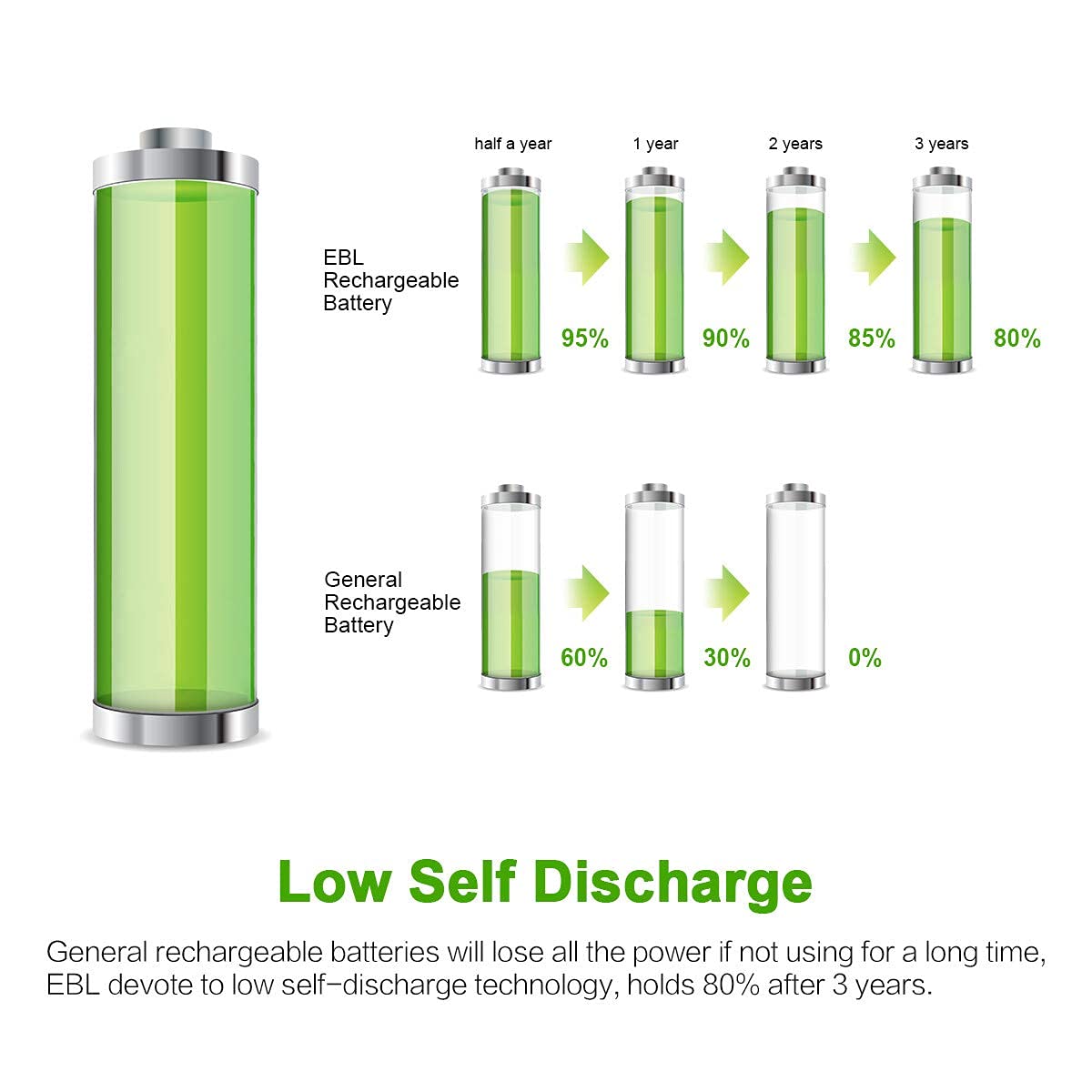 EBL Rechargeable AAA Batteries 10 Pack High Capacity 1100mAh (10 Pack- 2 * 5 Color in One Box) 1.2V Ni-Mh Triple AAA Battery ProCyco Technology