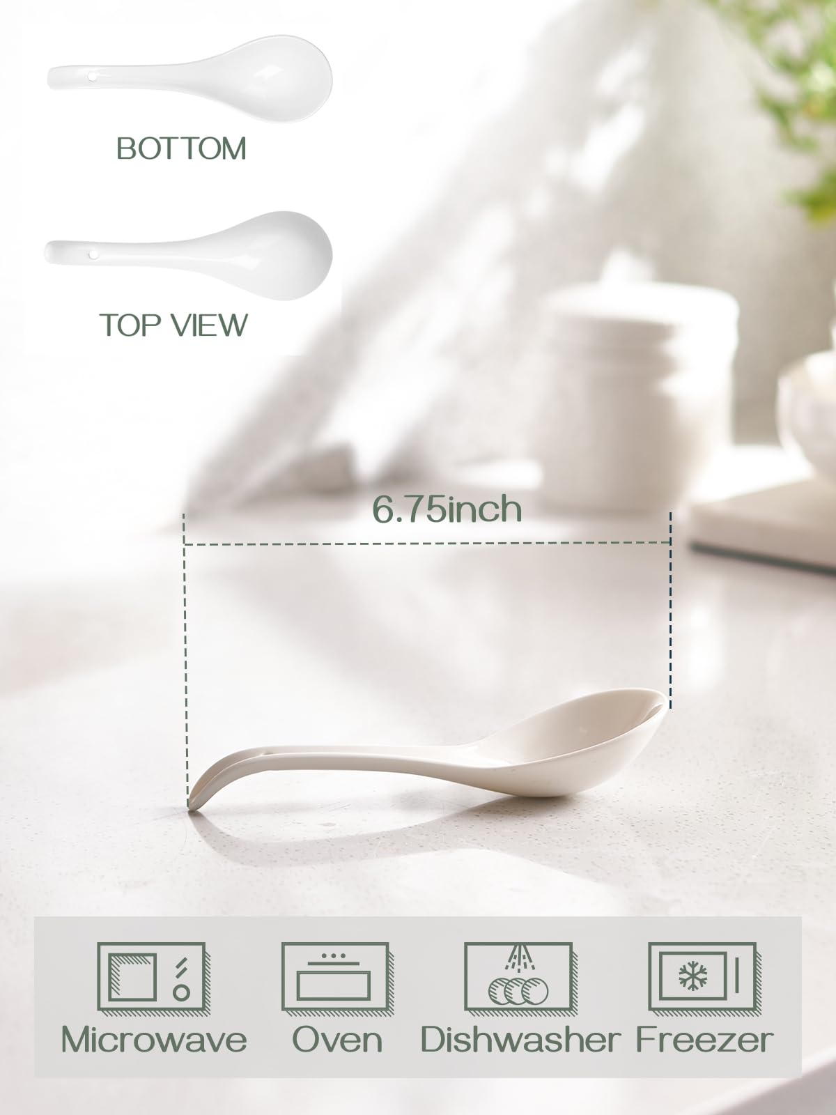 DOWAN Soup Spoons, Ceramic Asian Soup Spoons, White Japanese Spoon Large for Ramen Pho Wonton Dumpling Miso, Deep Oval Hook Design, Set of 4 (4, White)