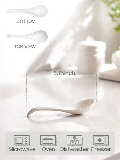 DOWAN Soup Spoons, Ceramic Asian Soup Spoons, White Japanese Spoon Large for Ramen Pho Wonton Dumpling Miso, Deep Oval Hook Design, Set of 4 (4, White)