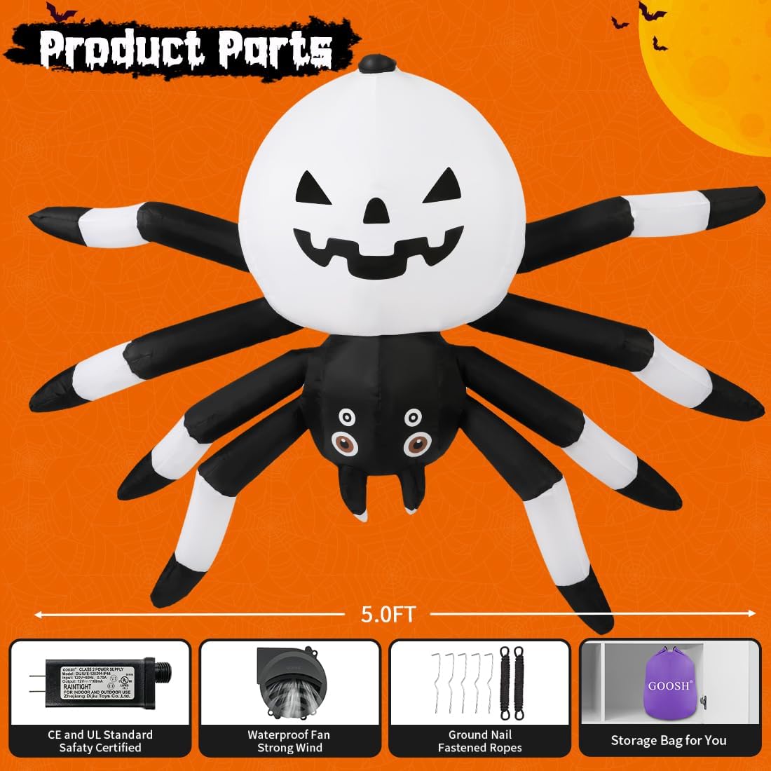 GOOSH 5 FT Width Halloween Inflatables Outdoor Decorations Spider with Magic Light, Blow Up Yard Decorations with LED Lights for Party Yard Garden Lawn